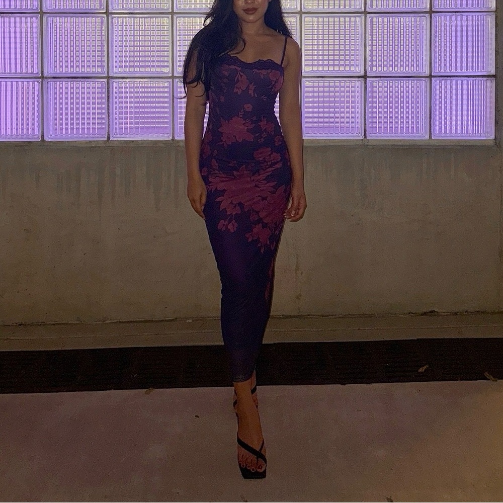Purple and Pink Floral Midi Dress